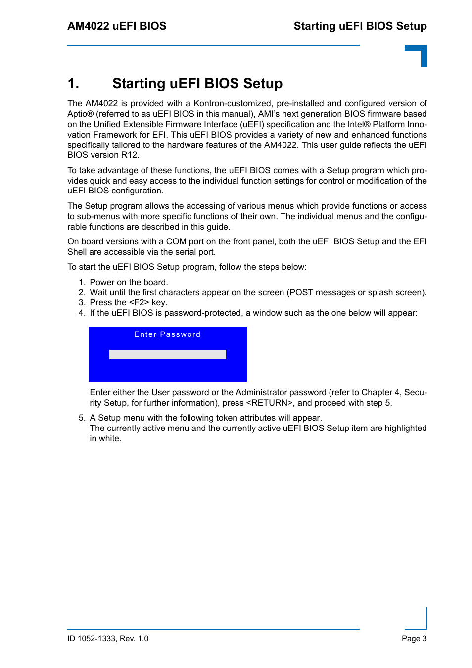 Starting uefi bios setup | Kontron AM4022 uEFI BIOS User Manual | Page 9 / 76