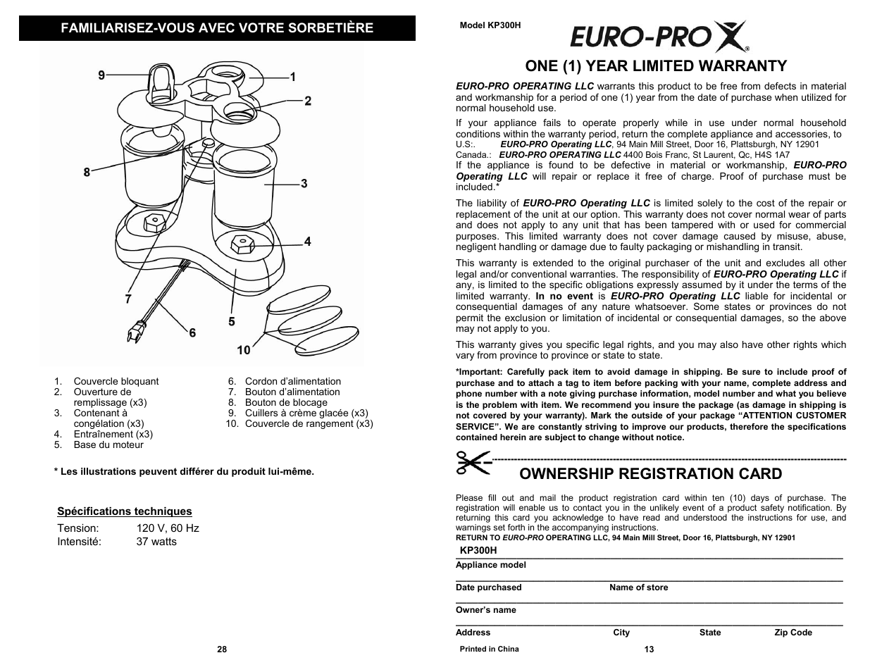 One (1) year limited warranty, Ownership registration card, Familiarisez-vous avec votre sorbetière | Bravetti KP300H User Manual | Page 15 / 22