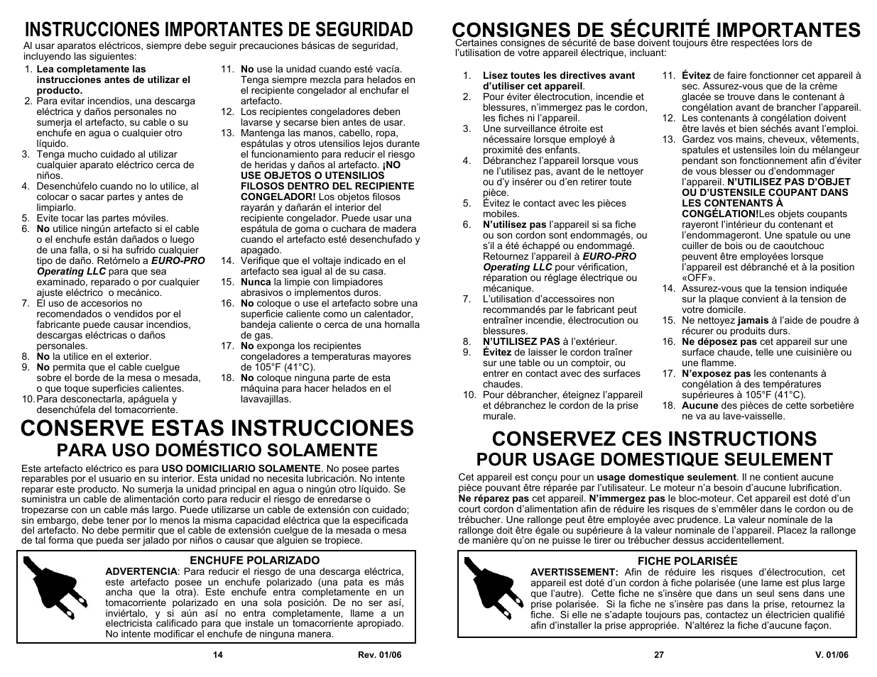 Conserve estas instrucciones, Instrucciones importantes de seguridad, Consignes de sécurité importantes | Conservez ces instructions, Para uso doméstico solamente, Pour usage domestique seulement | Bravetti KP300H User Manual | Page 16 / 22