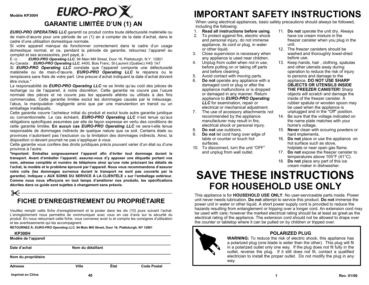 Save these instructions, Important safety instructions, For household use only | Garantie limitée d’un (1) an, Fiche d’enregistrement du propriétaire | Bravetti KP300H User Manual | Page 3 / 22