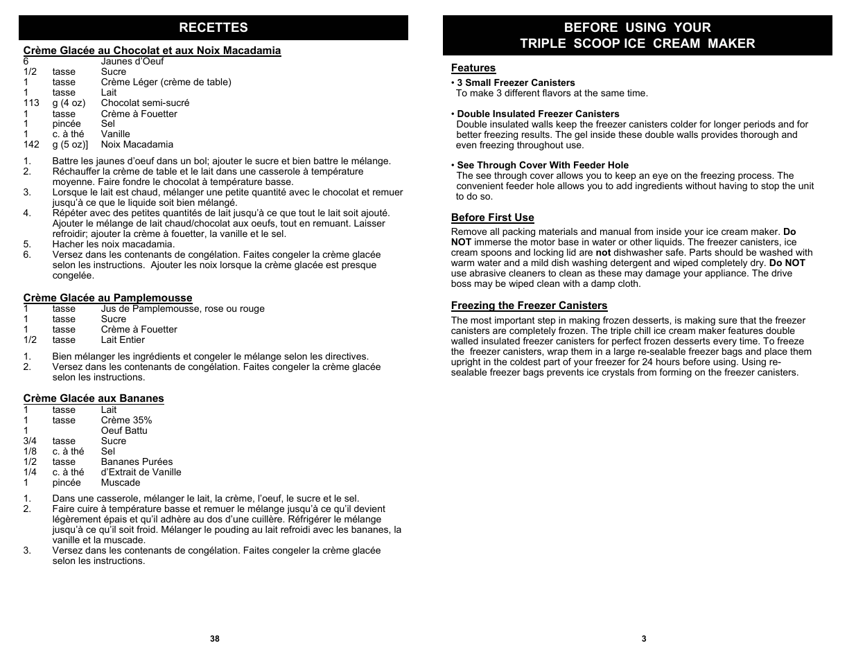 Before using your triple scoop ice cream maker, Recettes | Bravetti KP300H User Manual | Page 5 / 22