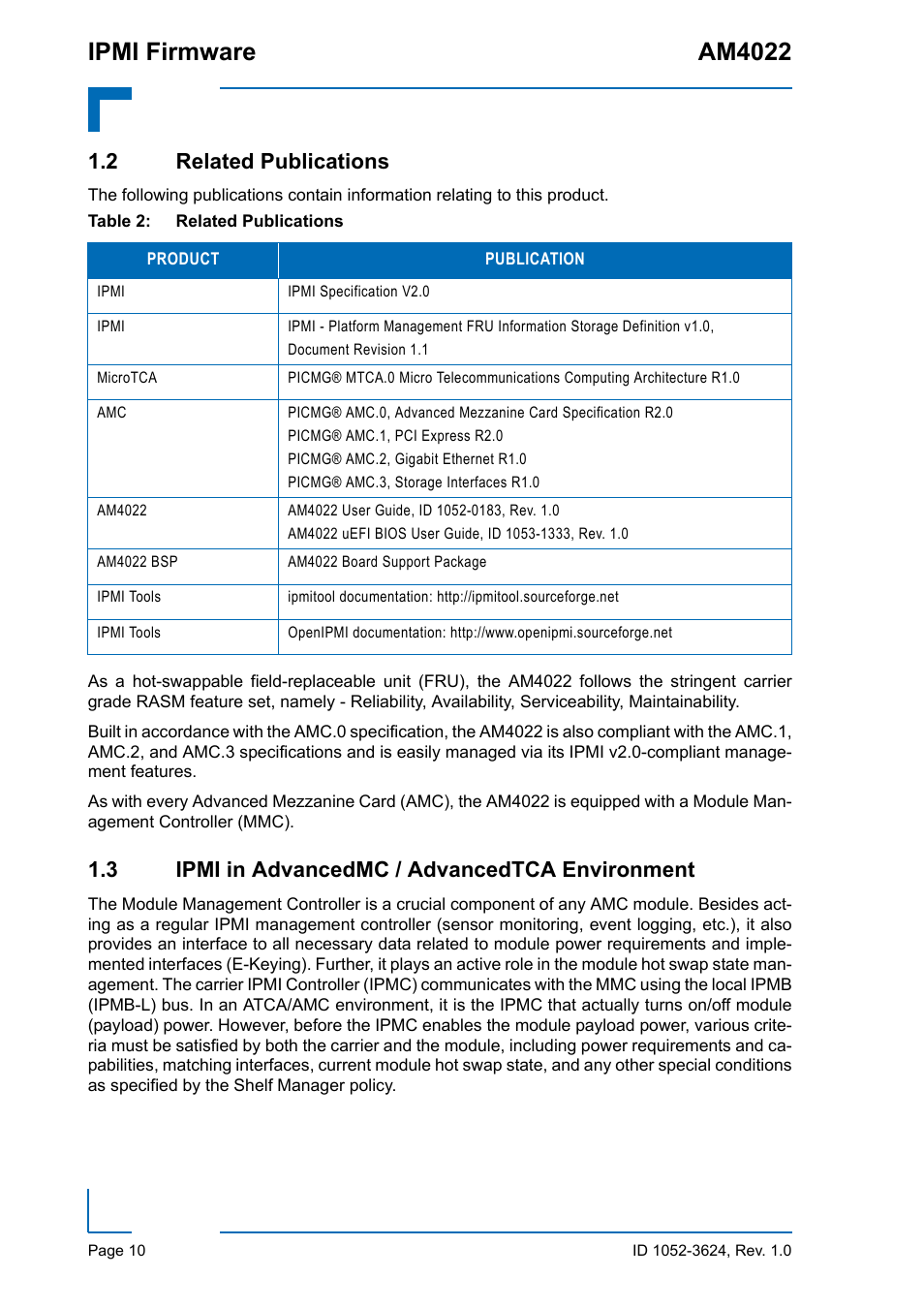 2 related publications, 3 ipmi in advancedmc / advancedtca environment, Ipmi firmware am4022 | Kontron AM4022 IPMI Firmware User Manual | Page 10 / 48