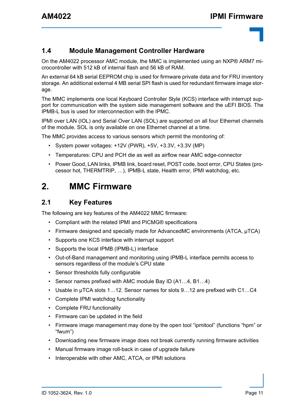 4 module management controller hardware, Mmc firmware, 1 key features | Am4022 ipmi firmware | Kontron AM4022 IPMI Firmware User Manual | Page 11 / 48