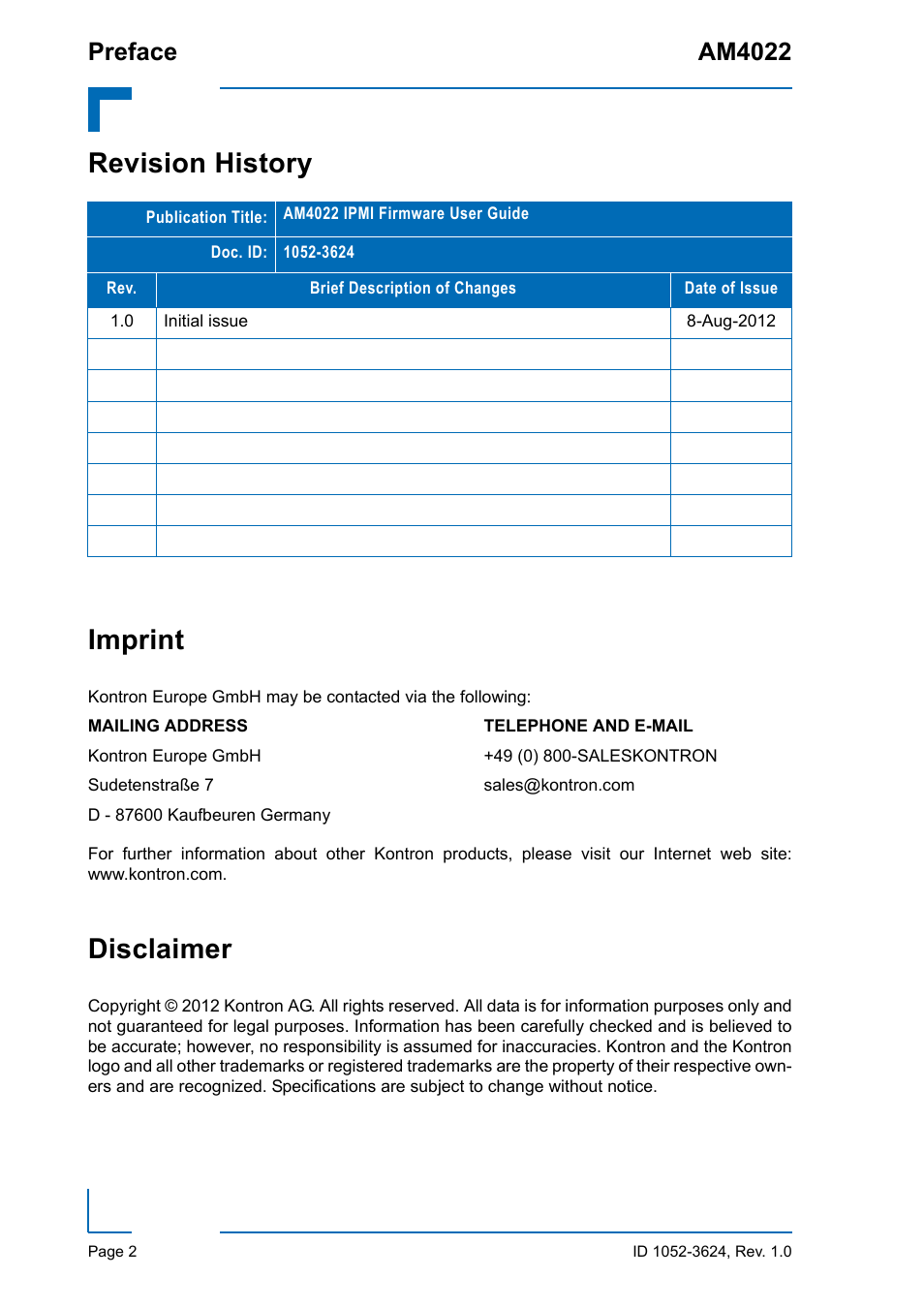 Revision history, Imprint, Disclaimer | Revision history imprint, Preface am4022 | Kontron AM4022 IPMI Firmware User Manual | Page 2 / 48