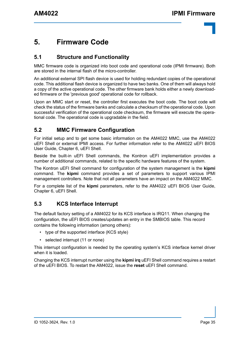 Firmware code, 1 structure and functionality, 2 mmc firmware configuration | 3 kcs interface interrupt, Am4022 ipmi firmware | Kontron AM4022 IPMI Firmware User Manual | Page 35 / 48