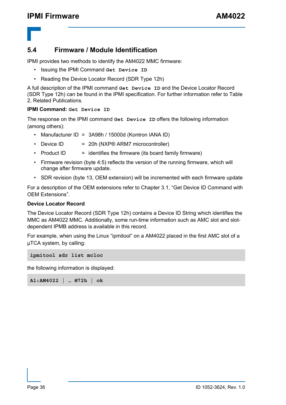 4 firmware / module identification, Ipmi firmware am4022 | Kontron AM4022 IPMI Firmware User Manual | Page 36 / 48