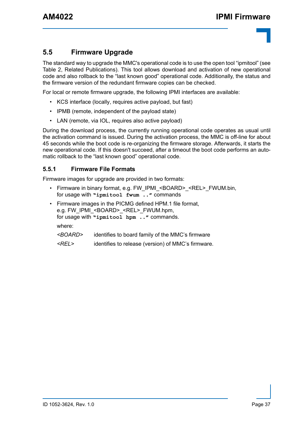 5 firmware upgrade, 1 firmware file formats, Firmware file formats | Am4022 ipmi firmware | Kontron AM4022 IPMI Firmware User Manual | Page 37 / 48