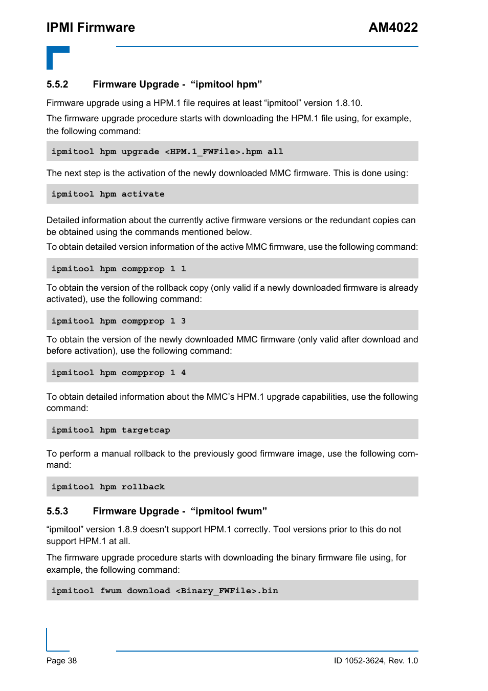 2 firmware upgrade - “ipmitool hpm, 3 firmware upgrade - “ipmitool fwum, Firmware upgrade - “ipmitool hpm | Firmware upgrade - “ipmitool fwum, Ipmi firmware am4022 | Kontron AM4022 IPMI Firmware User Manual | Page 38 / 48