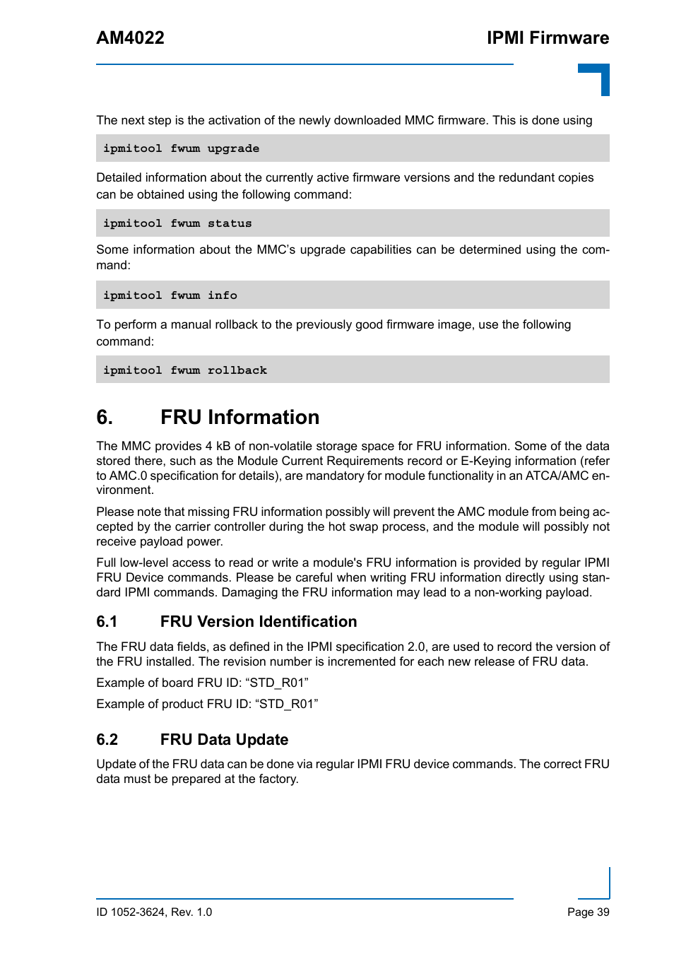 Fru information, 1 fru version identification, 2 fru data update | 1 fru version identification 6.2 fru data update, Am4022 ipmi firmware | Kontron AM4022 IPMI Firmware User Manual | Page 39 / 48