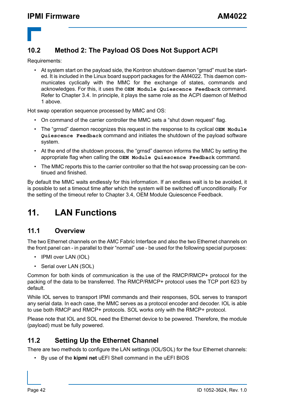 2 method 2: the payload os does not support acpi, Lan functions, 1 overview | 2 setting up the ethernet channel, 1 overview 11.2 setting up the ethernet channel, Ipmi firmware am4022 | Kontron AM4022 IPMI Firmware User Manual | Page 42 / 48