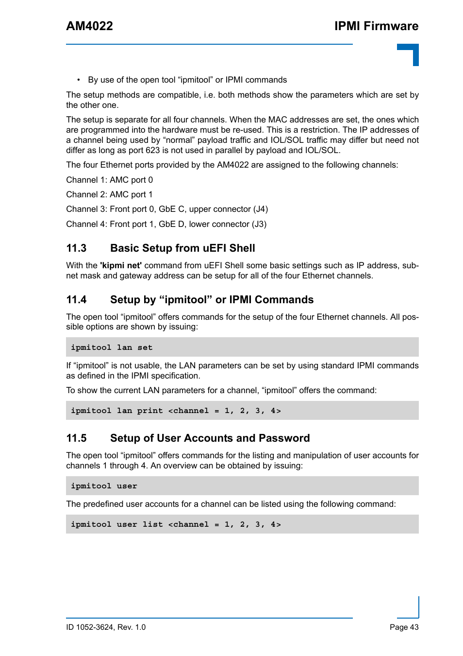 3 basic setup from uefi shell, 4 setup by “ipmitool” or ipmi commands, 5 setup of user accounts and password | Am4022 ipmi firmware | Kontron AM4022 IPMI Firmware User Manual | Page 43 / 48