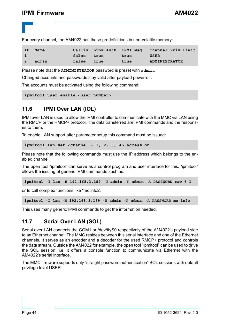 6 ipmi over lan (iol), 7 serial over lan (sol), 6 ipmi over lan (iol) 11.7 serial over lan (sol) | Ipmi firmware am4022 | Kontron AM4022 IPMI Firmware User Manual | Page 44 / 48