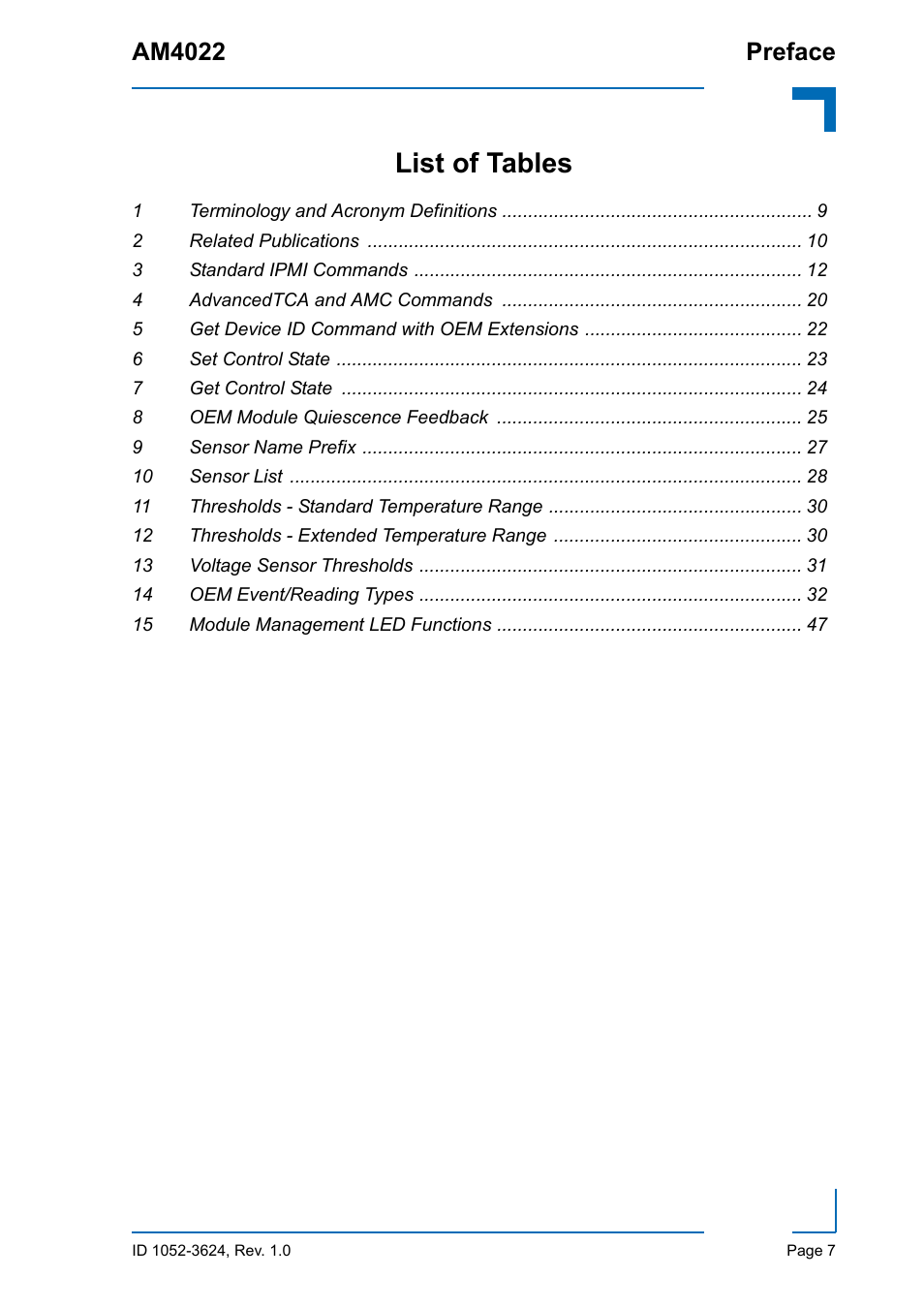 List of tables, 1 terminology and acronym definitions 9, 2 related publications 10 | 3 standard ipmi commands 12, 4 advancedtca and amc commands 20, 5 get device id command with oem extensions 22, 6 set control state 23, 7 get control state 24, 8 oem module quiescence feedback 25, 9 sensor name prefix 27 | Kontron AM4022 IPMI Firmware User Manual | Page 7 / 48