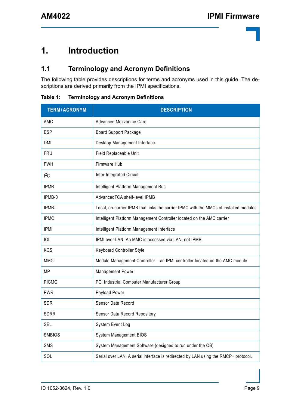 Introduction, 1 terminology and acronym definitions, Am4022 ipmi firmware | Kontron AM4022 IPMI Firmware User Manual | Page 9 / 48