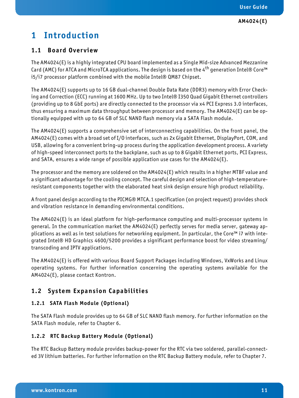 1 introduction, 1 board overview, 2 system expansion capabilities | 1 sata flash module (optional), 2 rtc backup battery module (optional), Introduction, Board overview, System expansion capabilities, Sata flash module (optional), Rtc backup battery module (optional) | Kontron AM4024e User Manual | Page 11 / 92