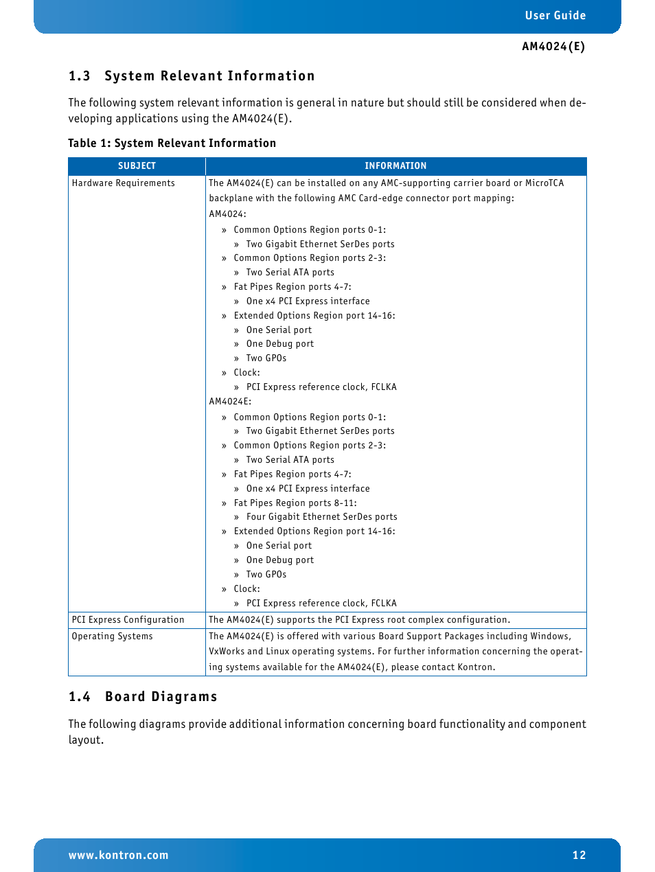 3 system relevant information, 4 board diagrams, System relevant information | Board diagrams | Kontron AM4024e User Manual | Page 12 / 92