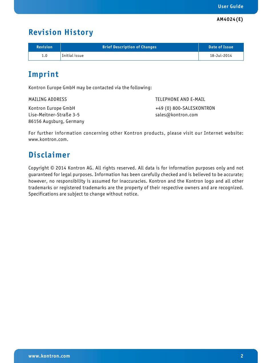 Revision history, Imprint, Disclaimer | Revision history imprint | Kontron AM4024e User Manual | Page 2 / 92
