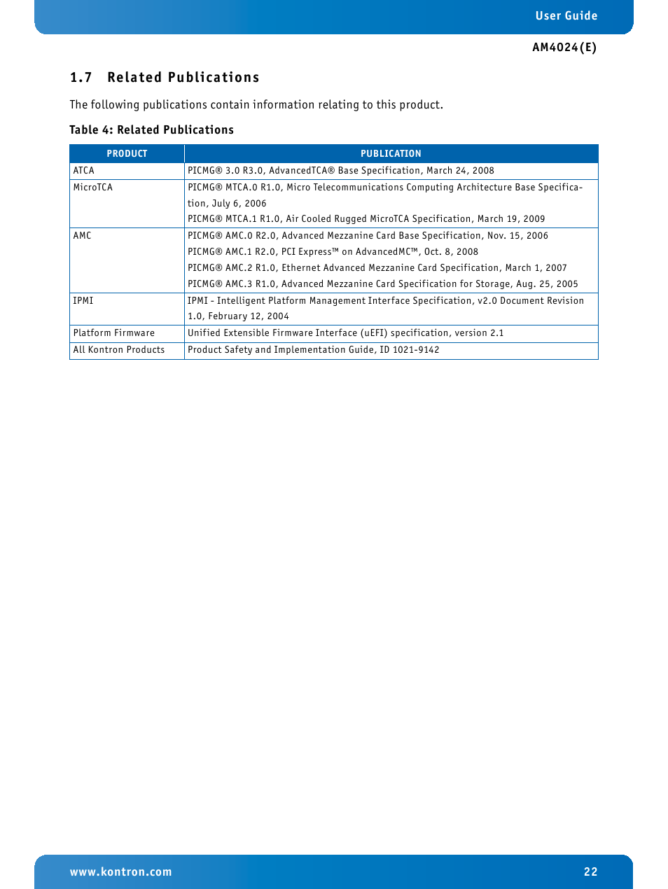 7 related publications, Related publications | Kontron AM4024e User Manual | Page 22 / 92