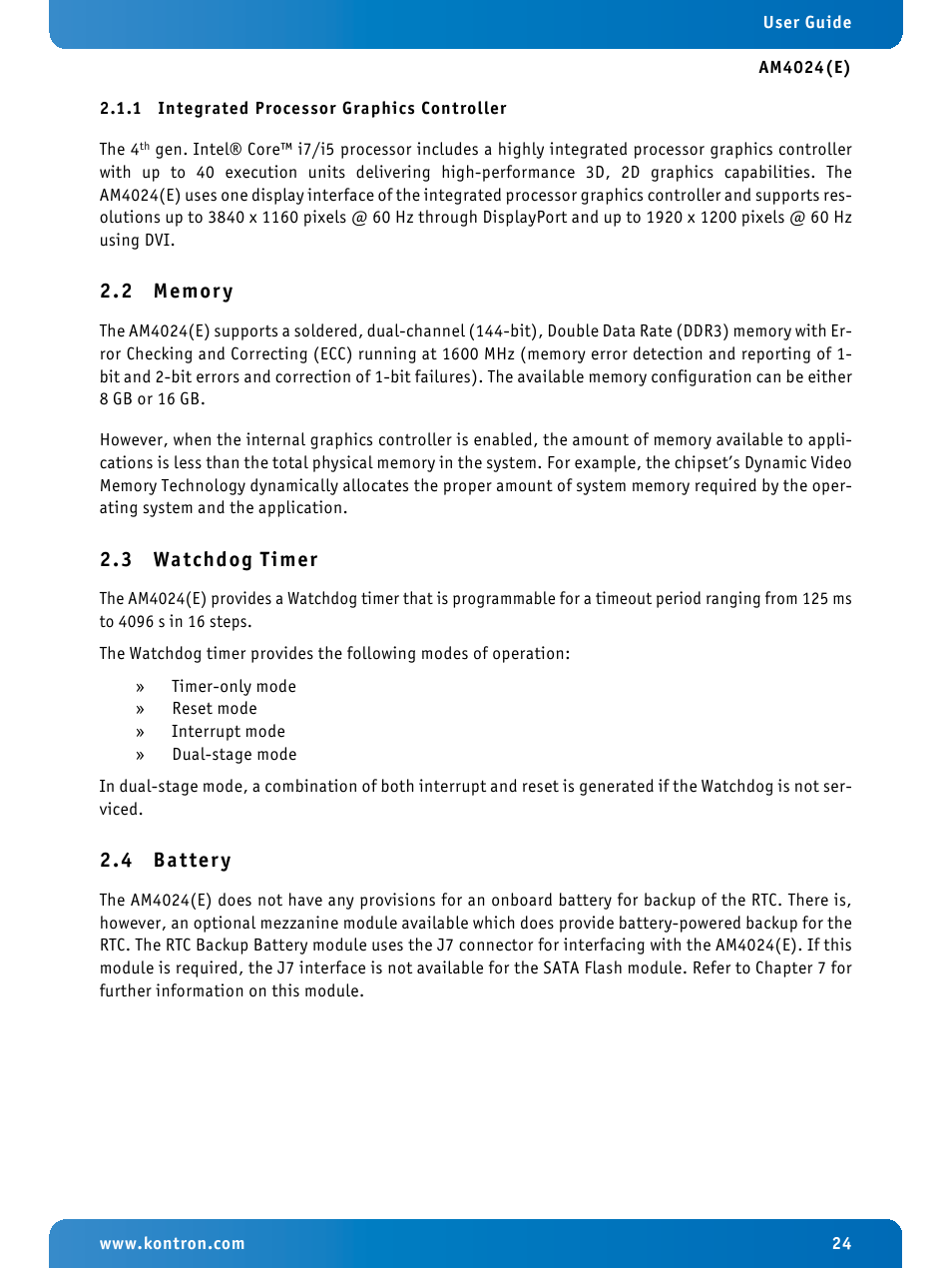 1 integrated processor graphics controller, 2 memory, 3 watchdog timer | 4 battery, Integrated processor graphics controller, Memory, Watchdog timer, Battery | Kontron AM4024e User Manual | Page 24 / 92