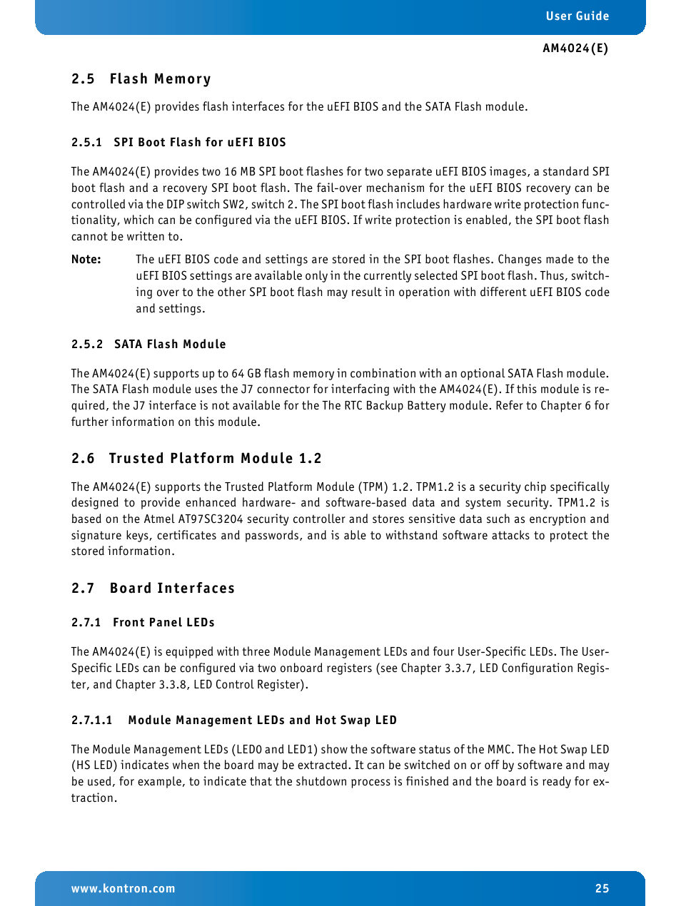5 flash memory, 1 spi boot flash for uefi bios, 2 sata flash module | 6 trusted platform module 1.2, 7 board interfaces, 1 front panel leds, 1 module management leds and hot swap led, Flash memory, Spi boot flash for uefi bios, Sata flash module | Kontron AM4024e User Manual | Page 25 / 92