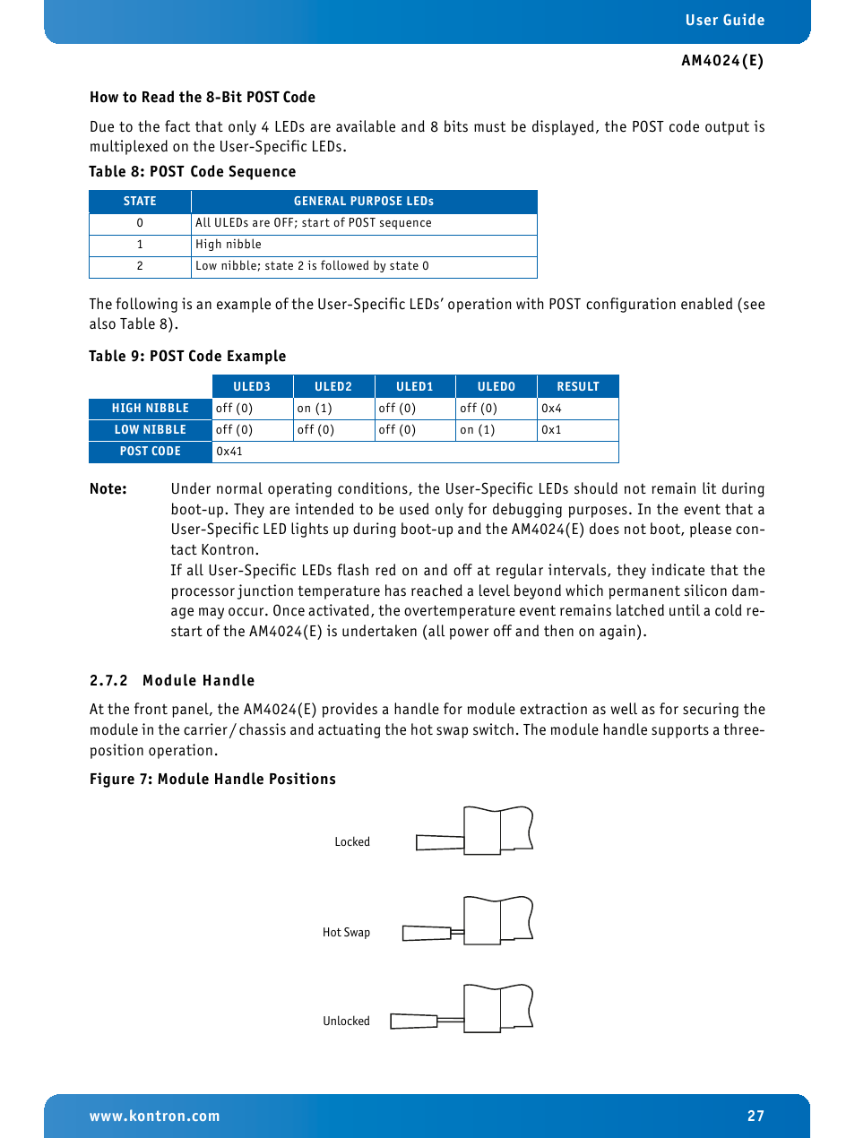 2 module handle, Module handle, Post code sequence | Post code example, Module handle positions | Kontron AM4024e User Manual | Page 27 / 92