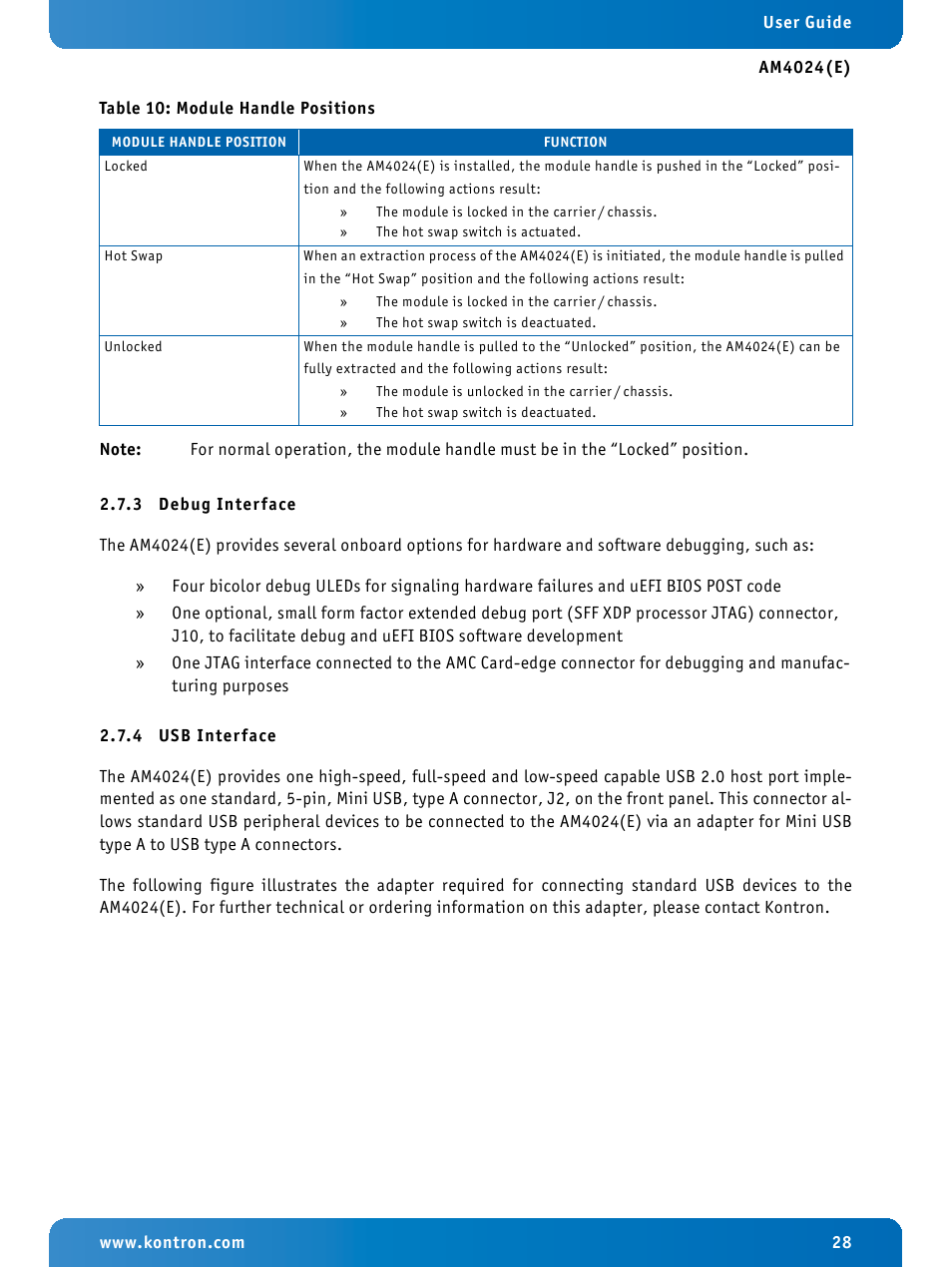 3 debug interface, 4 usb interface, Debug interface | Usb interface, Module handle positions | Kontron AM4024e User Manual | Page 28 / 92