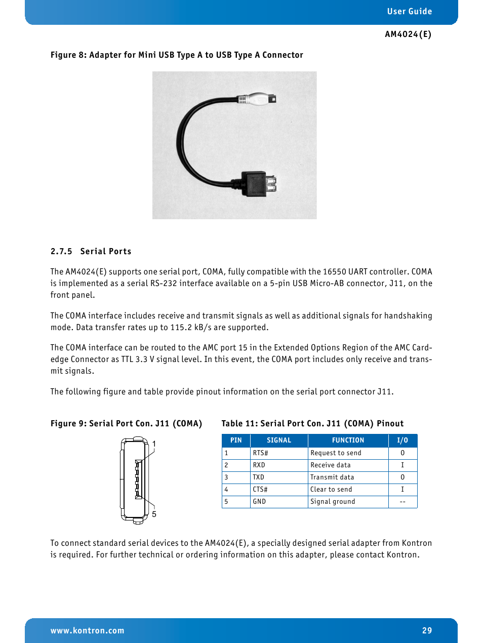 5 serial ports, Serial ports, Serial port connector j11 (coma) pinout | Serial port connector j11 (coma) | Kontron AM4024e User Manual | Page 29 / 92