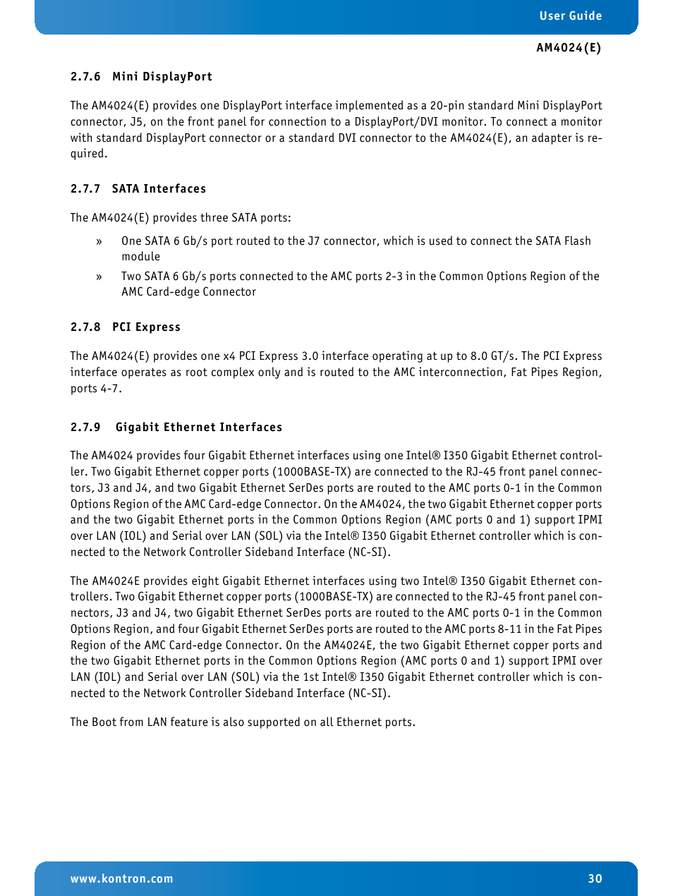 6 mini displayport, 7 sata interfaces, 8 pci express | 9 gigabit ethernet interfaces, Mini displayport, Sata interfaces, Pci express, Gigabit ethernet interfaces | Kontron AM4024e User Manual | Page 30 / 92