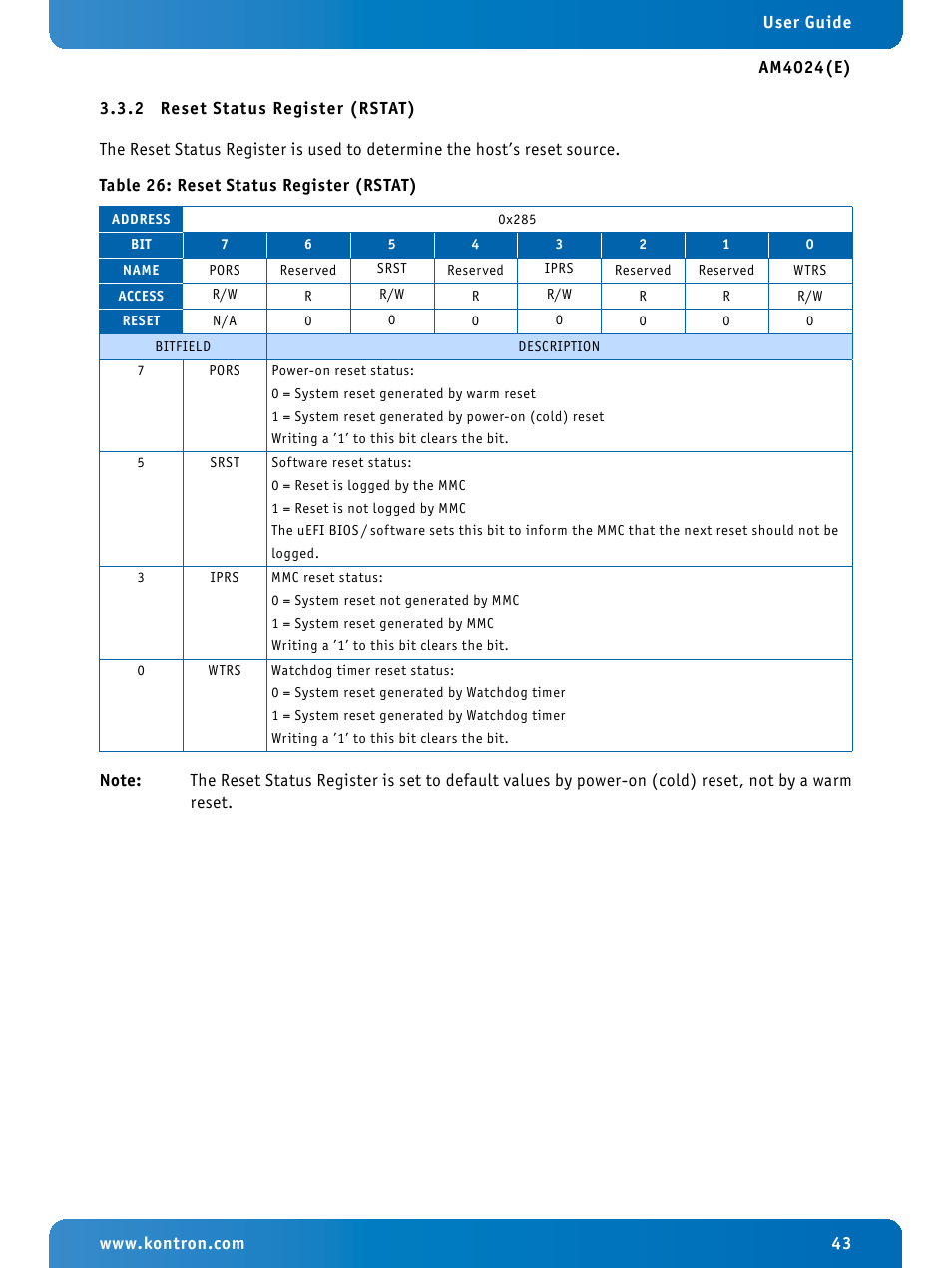 2 reset status register (rstat), Reset status register (rstat) | Kontron AM4024e User Manual | Page 43 / 92