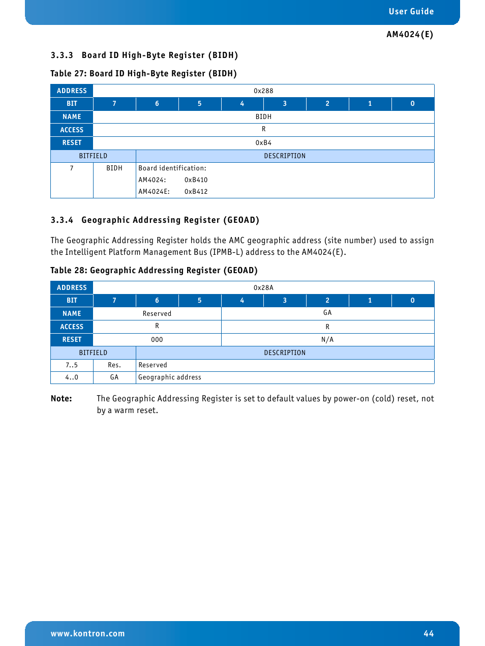 3 board id high-byte register (bidh), 4 geographic addressing register (geoad), Board id high-byte register (bidh) | Geographic addressing register (geoad) | Kontron AM4024e User Manual | Page 44 / 92