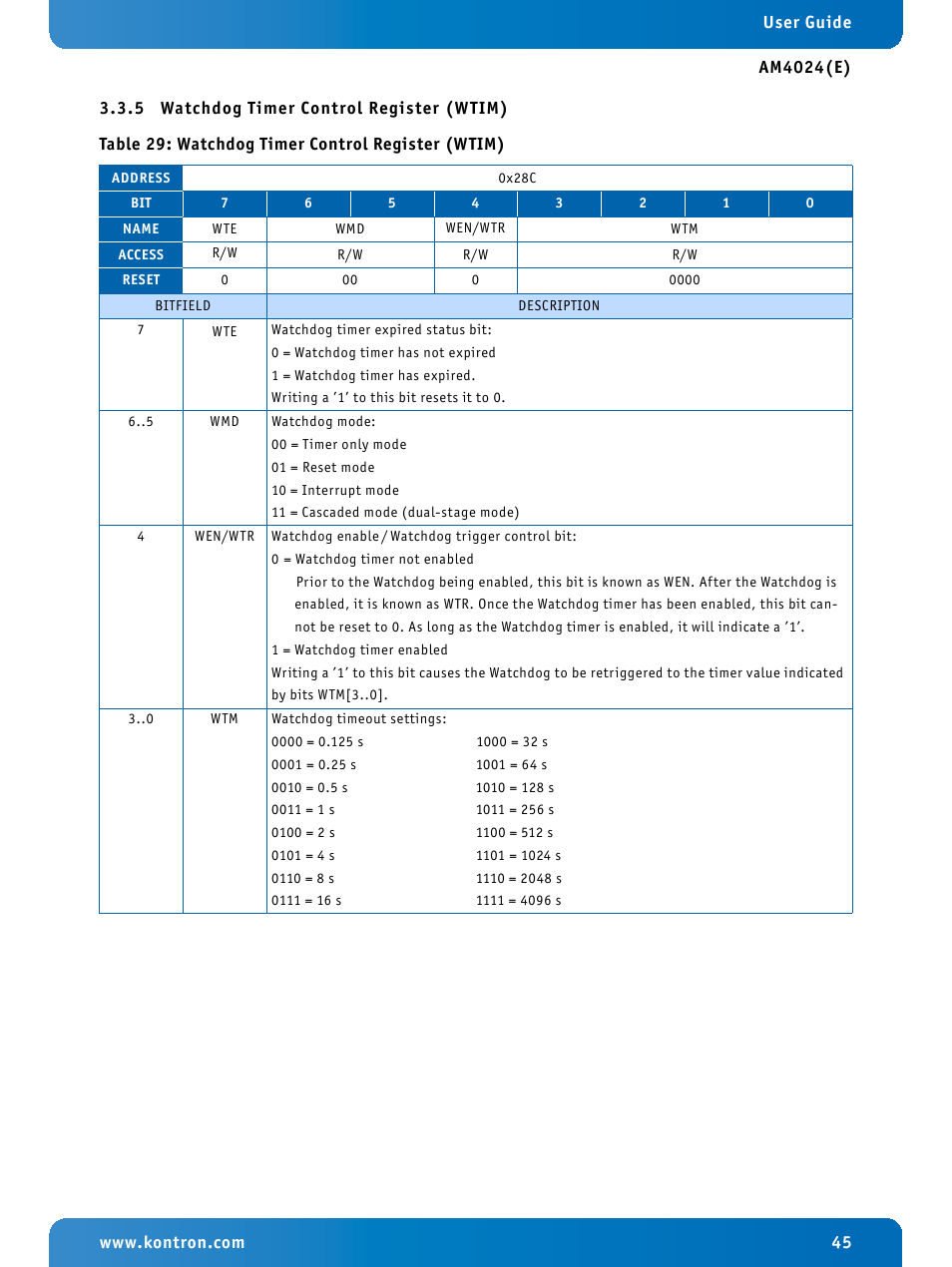 5 watchdog timer control register (wtim), Watchdog timer control register (wtim) | Kontron AM4024e User Manual | Page 45 / 92