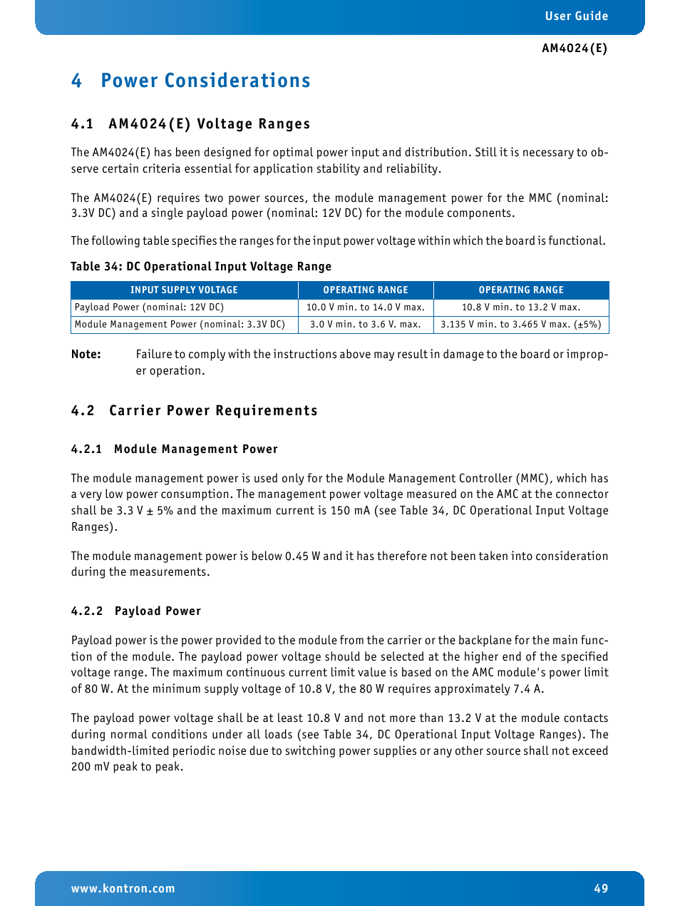 4 power considerations, 1 am4024(e) voltage ranges, 2 carrier power requirements | 1 module management power, 2 payload power, Power considerations, Am4024(e) voltage ranges, Carrier power requirements, Module management power, Payload power | Kontron AM4024e User Manual | Page 49 / 92