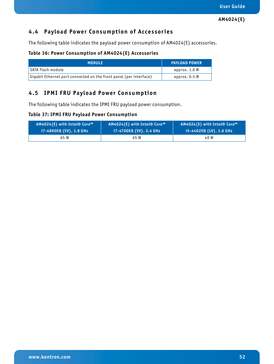 4 payload power consumption of accessories, 5 ipmi fru payload power consumption, Payload power consumption of accessories | Ipmi fru payload power consumption, Power consumption of am4024(e) accessories, 4 payload power consumption of accessor ies | Kontron AM4024e User Manual | Page 52 / 92