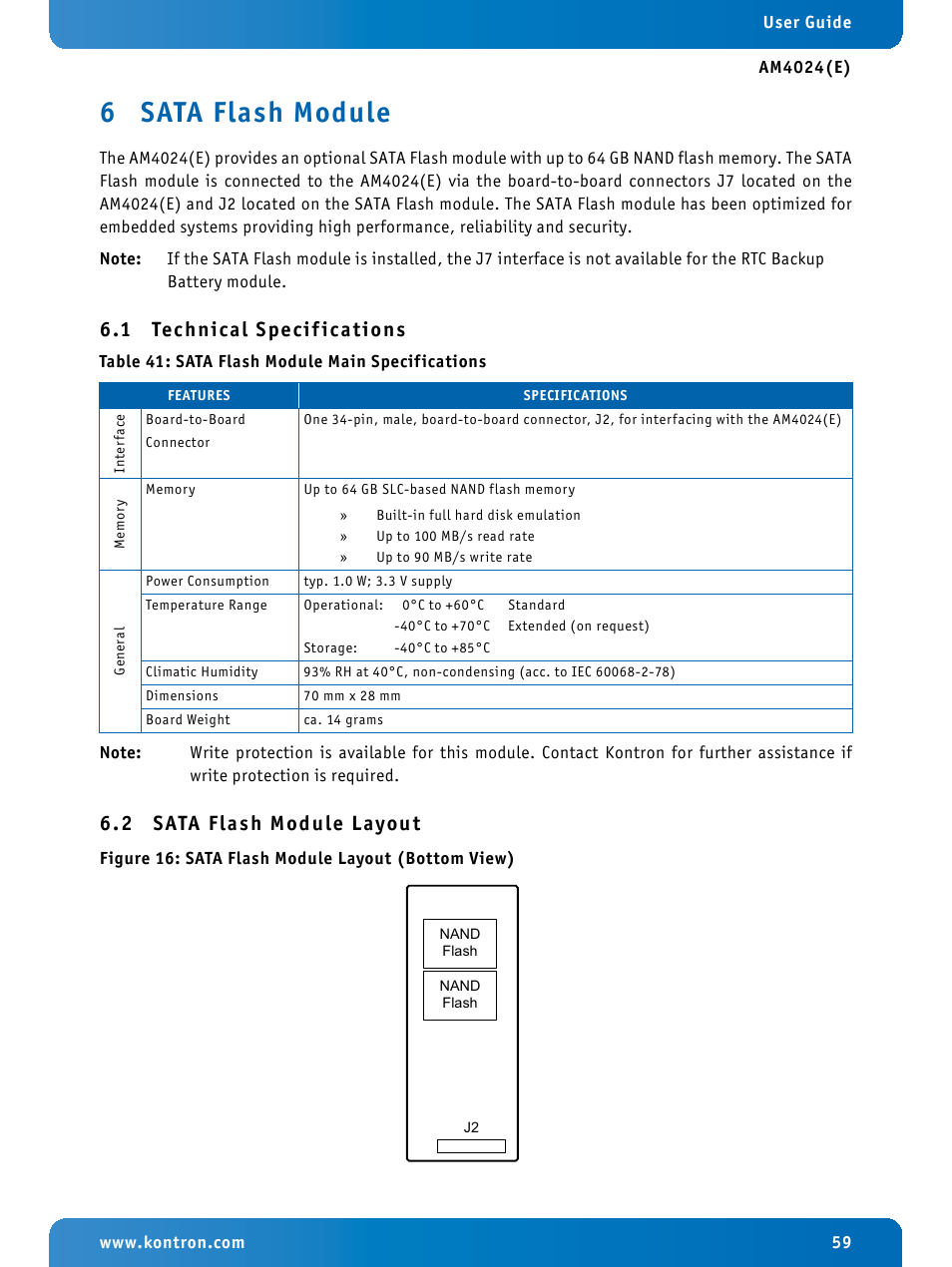 6 sata flash module, 1 technical specifications, 2 sata flash module layout | Sata flash module, Technical specifications, Sata flash module layout, Sata flash module main specifications, Sata flash module layout (bottom view), 1 technical specif ications | Kontron AM4024e User Manual | Page 59 / 92
