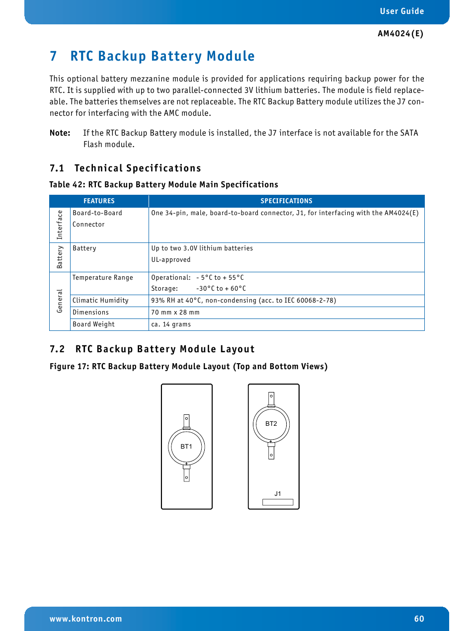 7 rtc backup battery module, 1 technical specifications, 2 rtc backup battery module layout | Rtc backup battery module, Technical specifications, Rtc backup battery module layout, Rtc backup battery module main specifications | Kontron AM4024e User Manual | Page 60 / 92