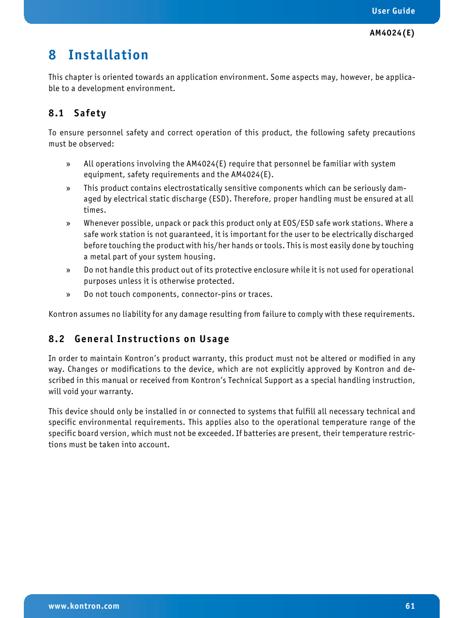 8 installation, 1 safety, 2 general instructions on usage | Installation, Safety, General instructions on usage | Kontron AM4024e User Manual | Page 61 / 92