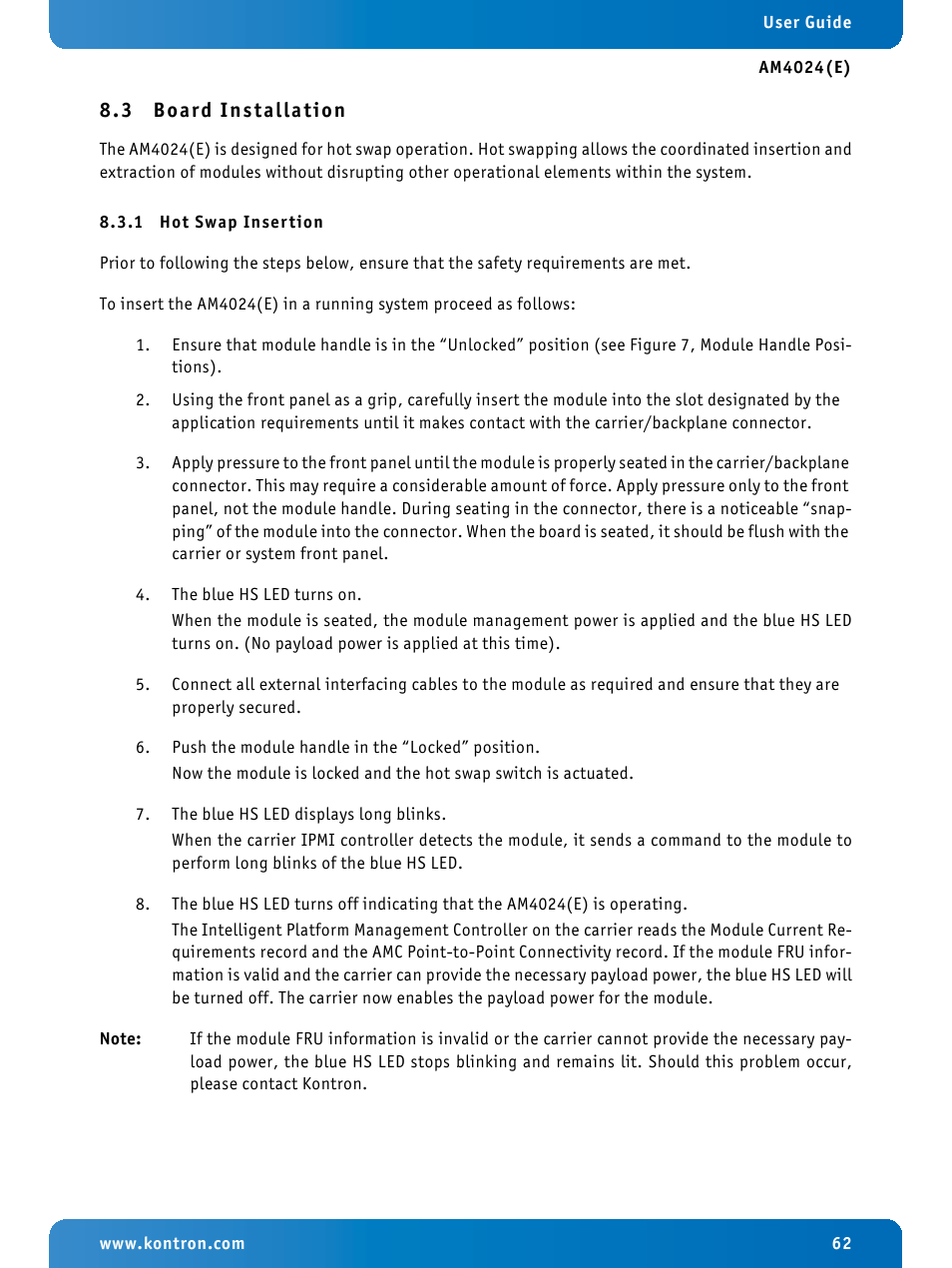 3 board installation, 1 hot swap insertion, Board installation | Hot swap insertion | Kontron AM4024e User Manual | Page 62 / 92