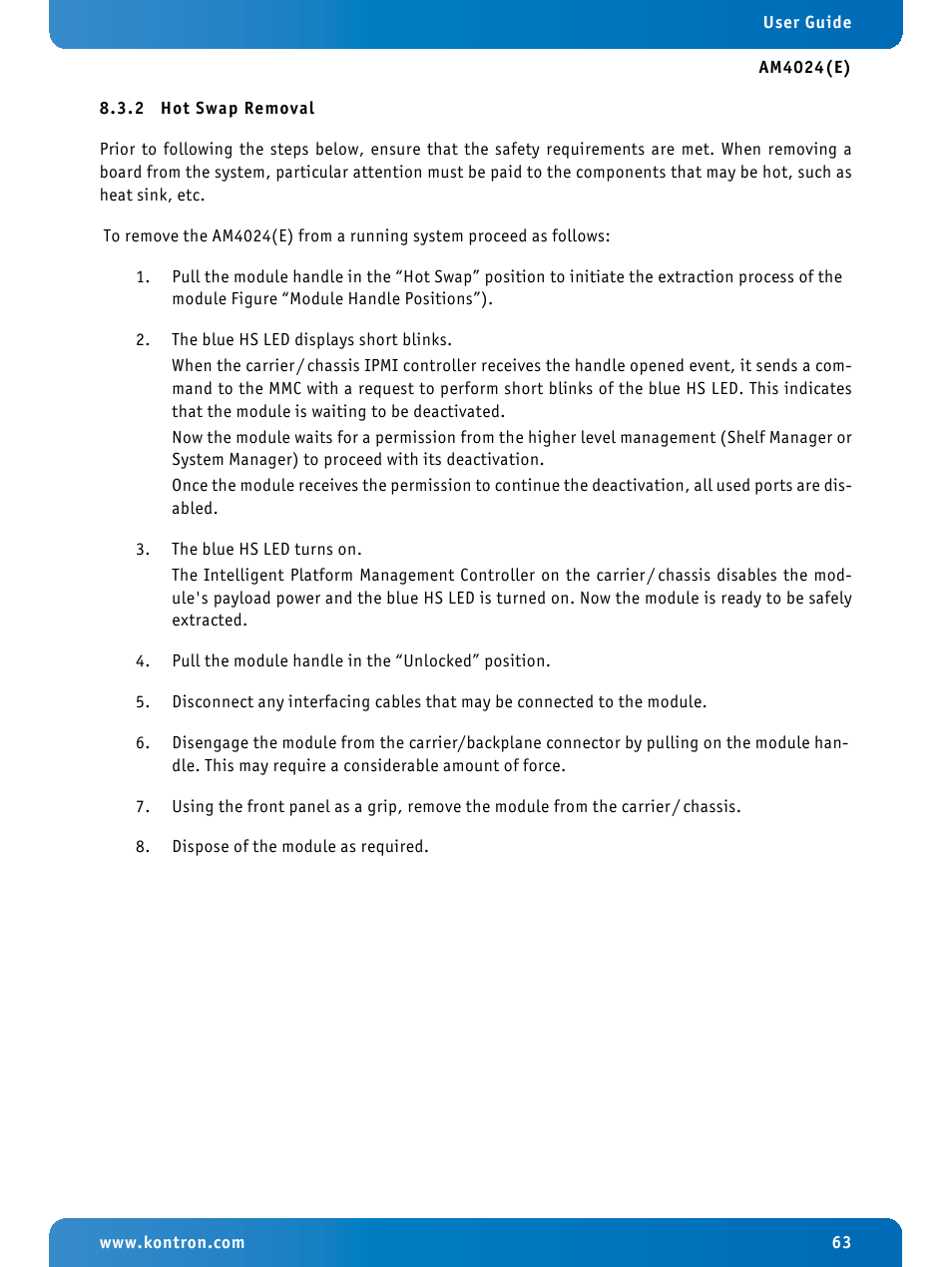2 hot swap removal, Hot swap removal | Kontron AM4024e User Manual | Page 63 / 92