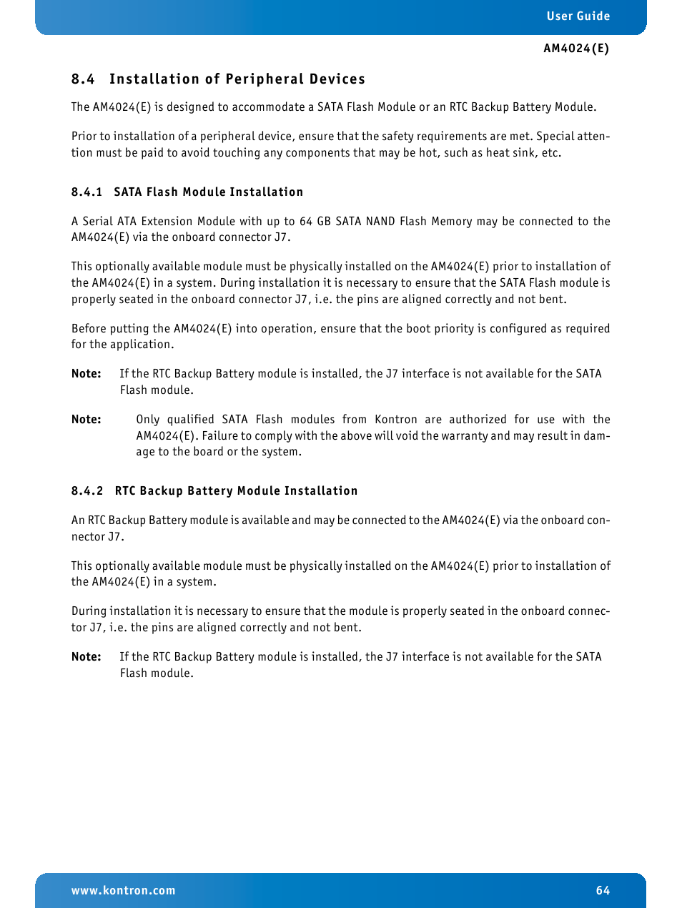 4 installation of peripheral devices, 1 sata flash module installation, 2 rtc backup battery module installation | Installation of peripheral devices, Sata flash module installation, Rtc backup battery module installation | Kontron AM4024e User Manual | Page 64 / 92