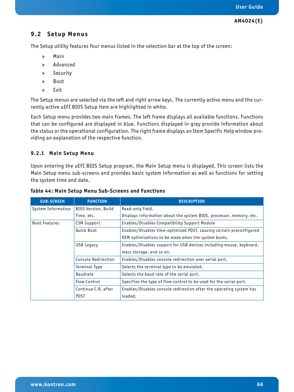 2 setup menus, 1 main setup menu, Setup menus | Main setup menu, Main setup menu sub-screens and functions | Kontron AM4024e User Manual | Page 66 / 92