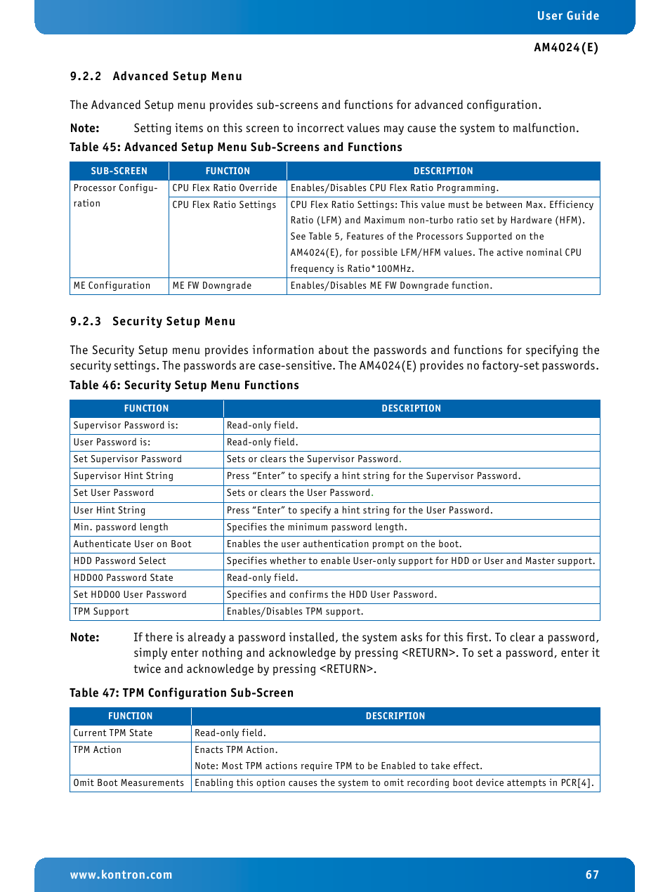 2 advanced setup menu, 3 security setup menu, Advanced setup menu | Security setup menu, Advanced setup menu sub-screens and functions, Security setup menu functions, Tpm configuration sub-screen | Kontron AM4024e User Manual | Page 67 / 92