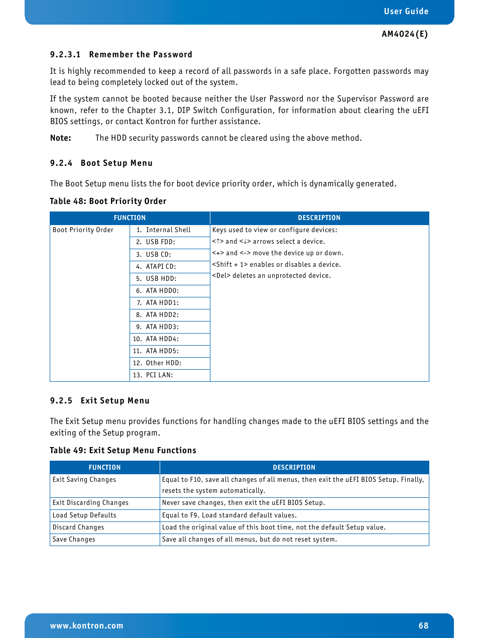 1 remember the password, 4 boot setup menu, 5 exit setup menu | Remember the password, Boot setup menu, Exit setup menu, Boot priority order, Exit setup menu functions | Kontron AM4024e User Manual | Page 68 / 92