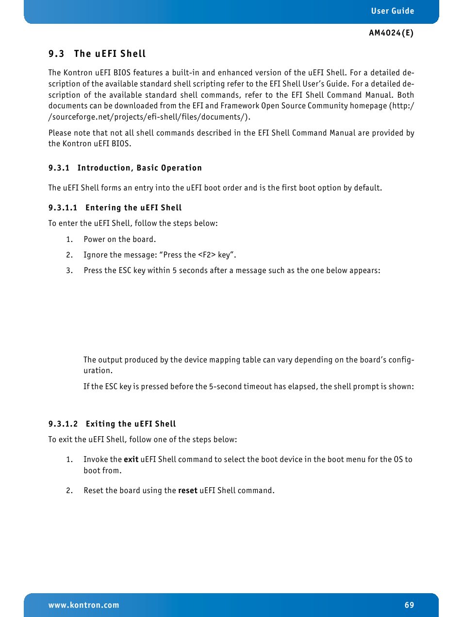 3 the uefi shell, 1 introduction, basic operation, 1 entering the uefi shell | 2 exiting the uefi shell, The uefi shell, Introduction, basic operation, Entering the uefi shell, Exiting the uefi shell | Kontron AM4024e User Manual | Page 69 / 92