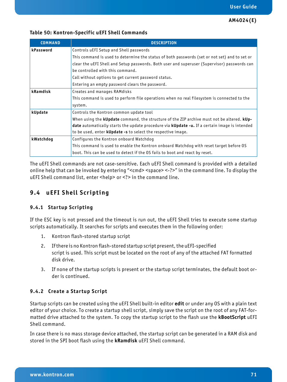 4 uefi shell scripting, 1 startup scripting, 2 create a startup script | Uefi shell scripting, Startup scripting, Create a startup script | Kontron AM4024e User Manual | Page 71 / 92