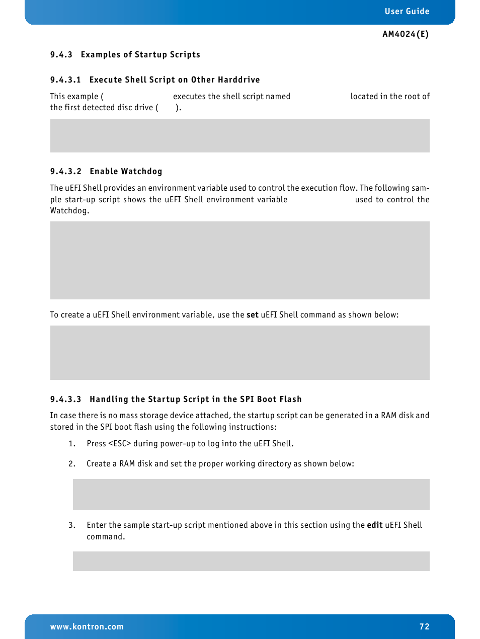 3 examples of startup scripts, 1 execute shell script on other harddrive, 2 enable watchdog | Examples of startup scripts, Execute shell script on other harddrive, Enable watchdog, Handling the startup script in the spi boot flash | Kontron AM4024e User Manual | Page 72 / 92