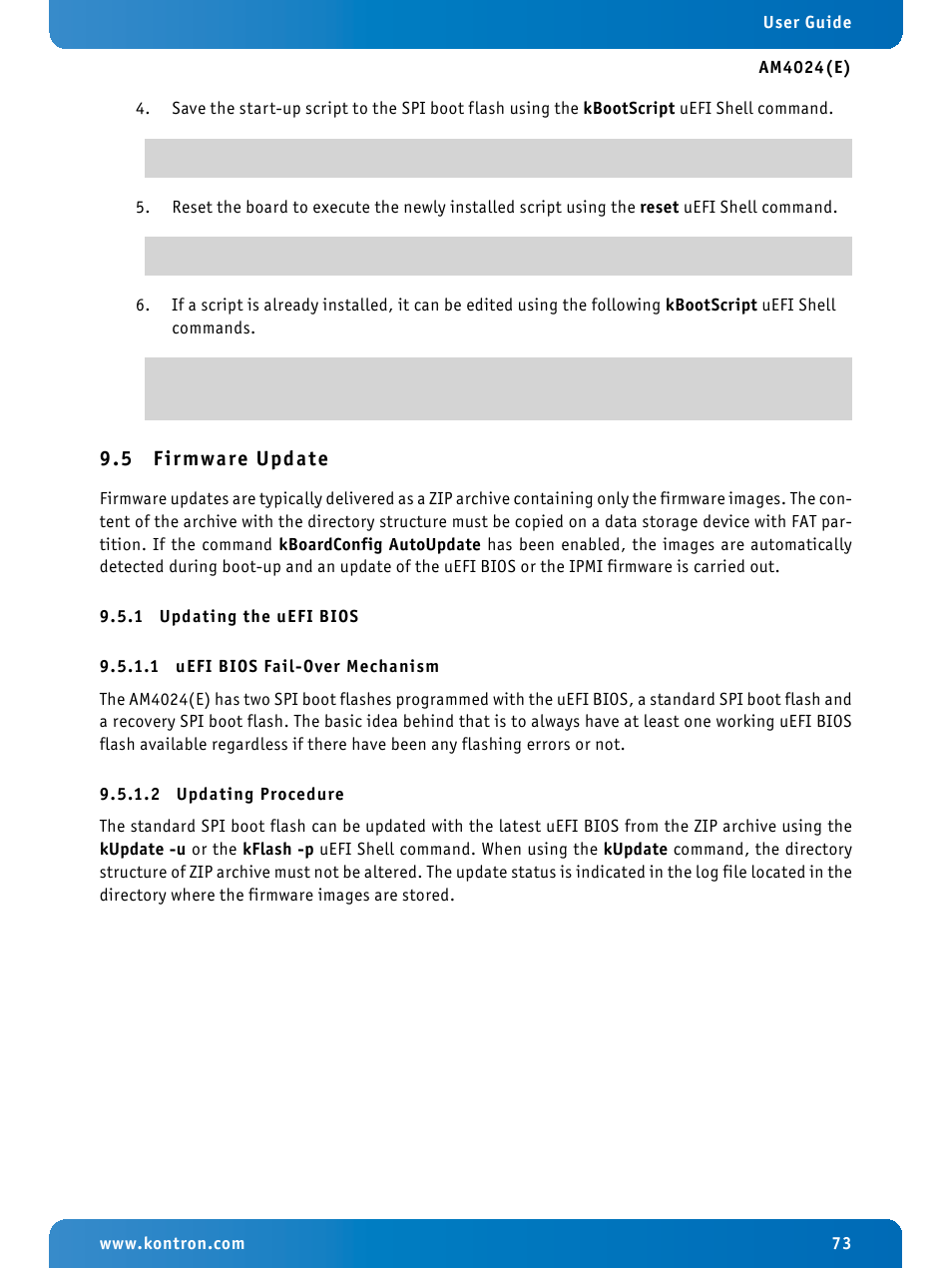 5 firmware update, 1 updating the uefi bios, 1 uefi bios fail-over mechanism | 2 updating procedure, Firmware update, Updating the uefi bios, Uefi bios fail-over mechanism, Updating procedure | Kontron AM4024e User Manual | Page 73 / 92