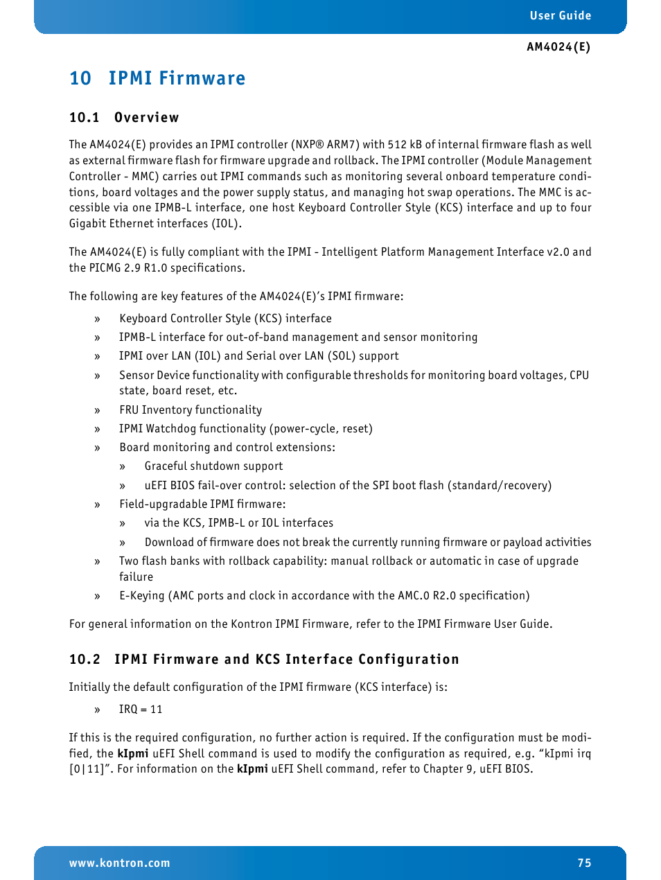 10 ipmi firmware, 1 overview, 2 ipmi firmware and kcs interface configuration | Ipmi firmware, Overview, Ipmi firmware and kcs interface configuration | Kontron AM4024e User Manual | Page 75 / 92