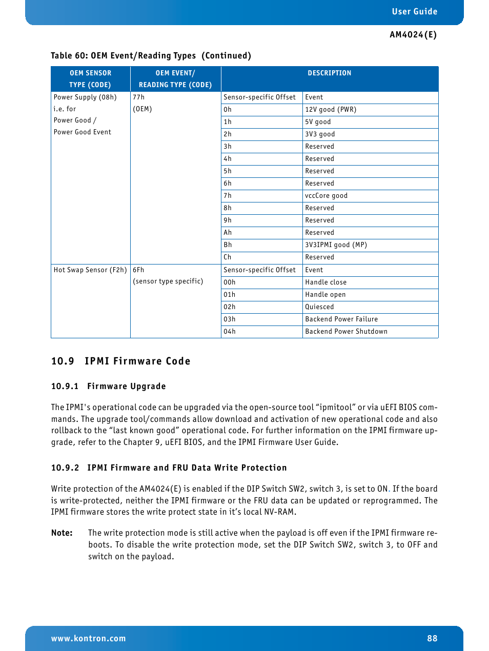 9 ipmi firmware code, 1 firmware upgrade, 2 ipmi firmware and fru data write protection | Ipmi firmware code, Firmware upgrade, Ipmi firmware and fru data write protection | Kontron AM4024e User Manual | Page 88 / 92