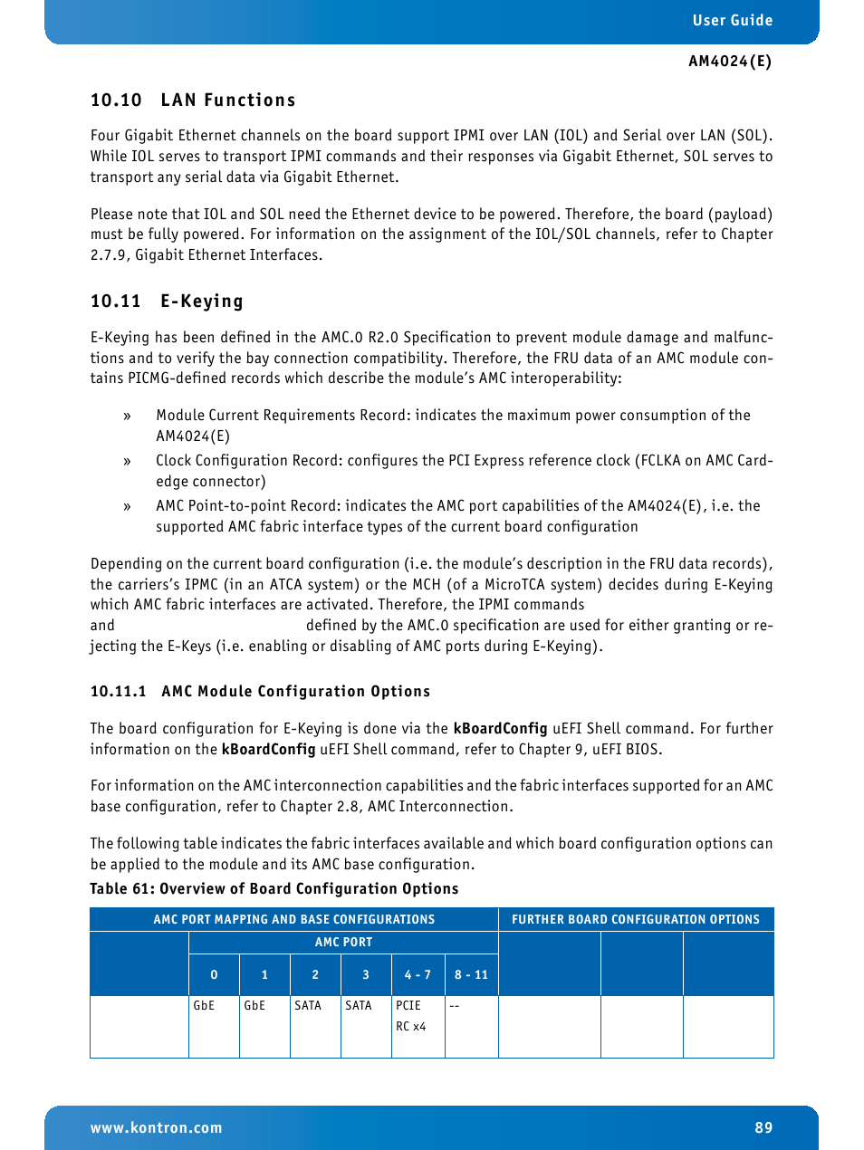 10 lan functions, 11 e-keying, 1 amc module configuration options | Lan functions, E-keying, Amc module configuration options, 10 l an functions | Kontron AM4024e User Manual | Page 89 / 92