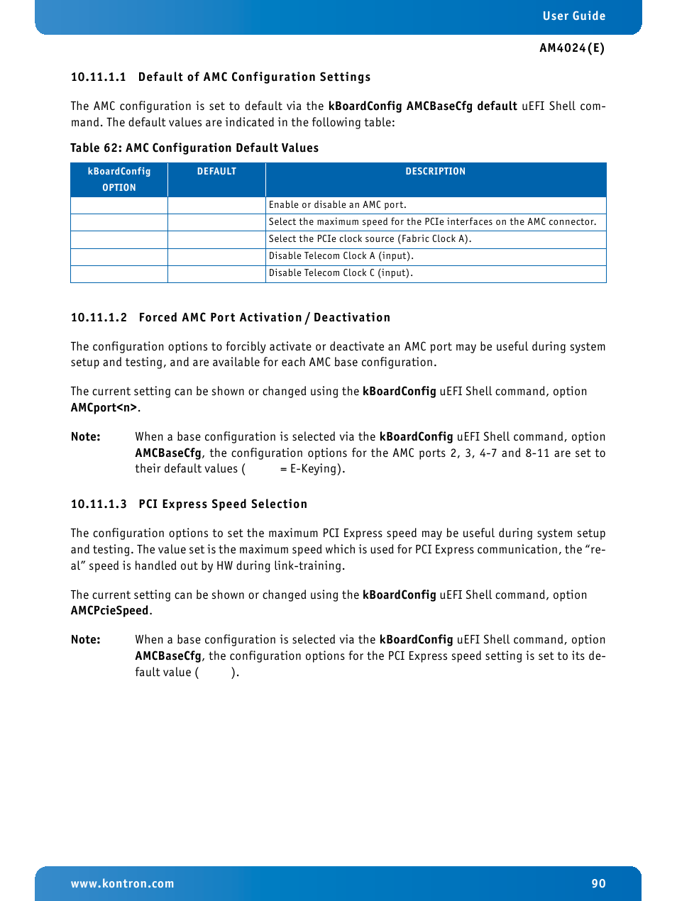 1 default of amc configuration settings, 2 forced amc port activation / deactivation, 3 pci express speed selection | Kontron AM4024e User Manual | Page 90 / 92